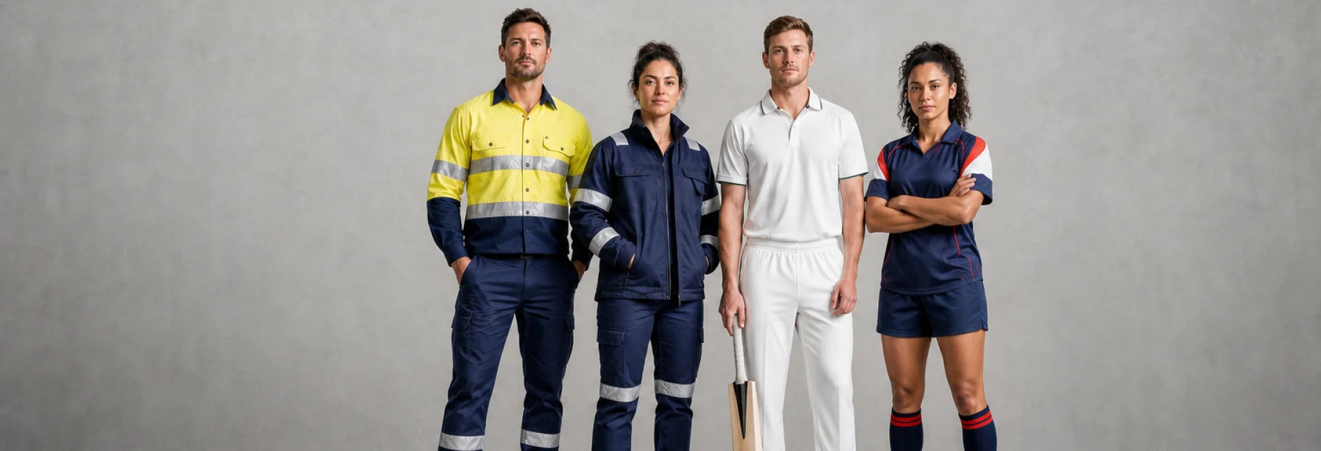 People wearing hi-vis workwear, a cricket kit, and a sports jersey