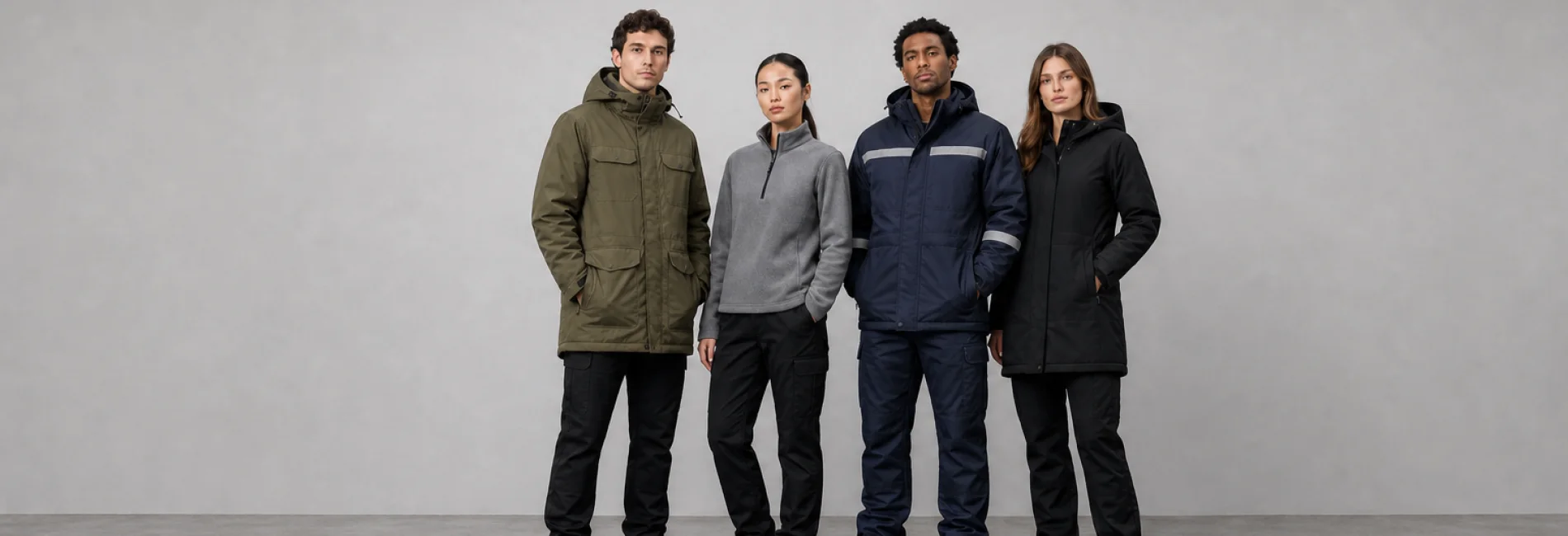 People wearing parkas, fleece, and insulated work jackets