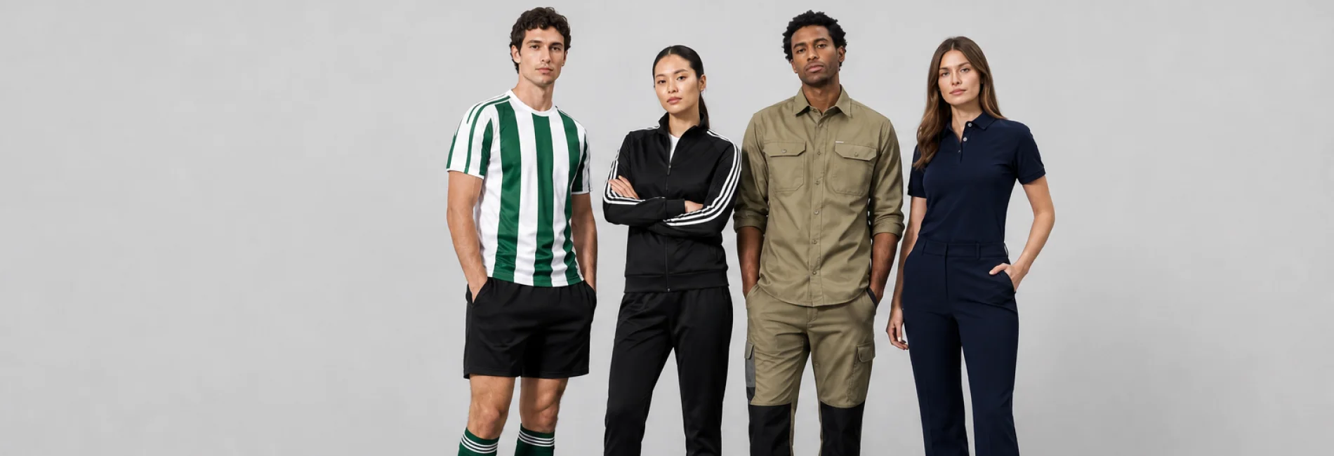 People wearing a football jersey, track jacket, work shirt, and polo