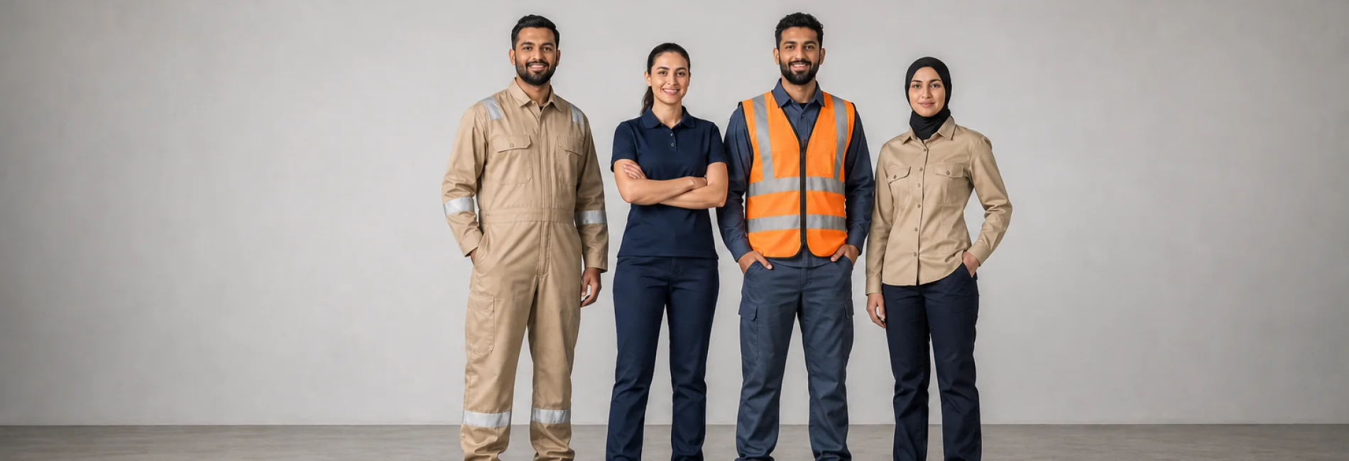 People wearing coveralls, a corporate polo, hi-vis, and a uniform shirt