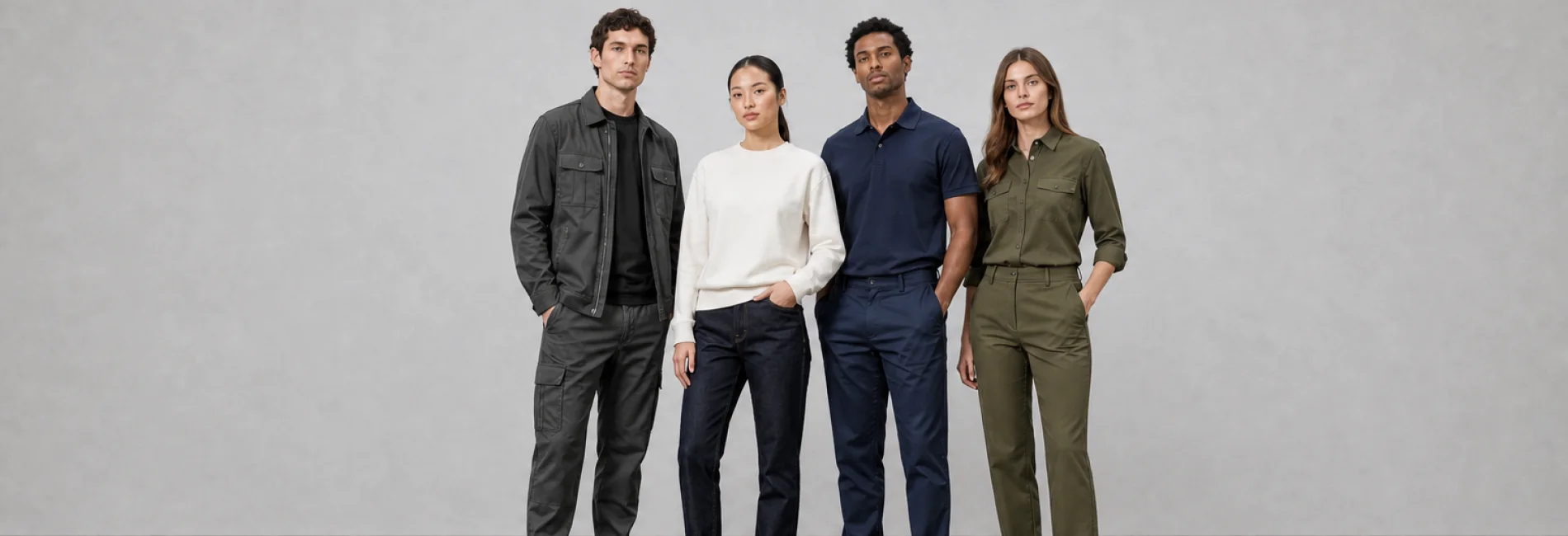 People wearing a utility jacket, sweatshirt, polo, and work shirt