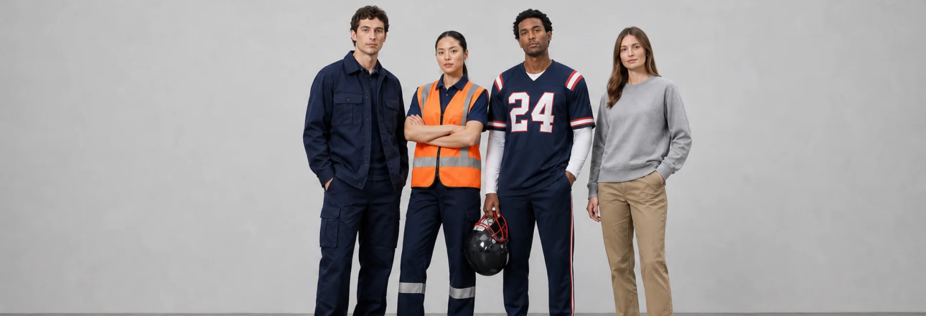 People wearing a work jacket, hi-vis vest, football jersey, and sweatshirt