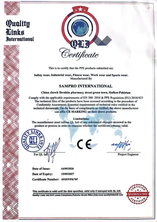CE marking certificate SPI/PP/PK/787 issued to SAMPRO INTERNATIONAL