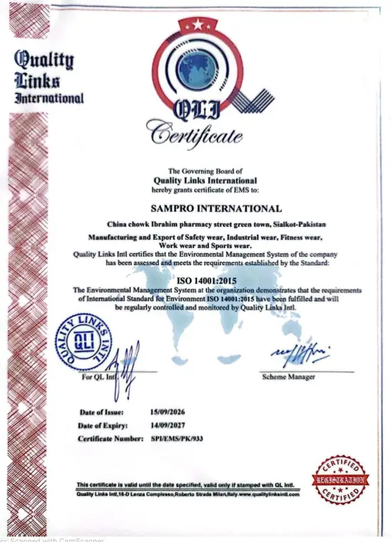 ISO 14001:2015 certificate SPI/EMS/PK/933 issued to SAMPRO INTERNATIONAL