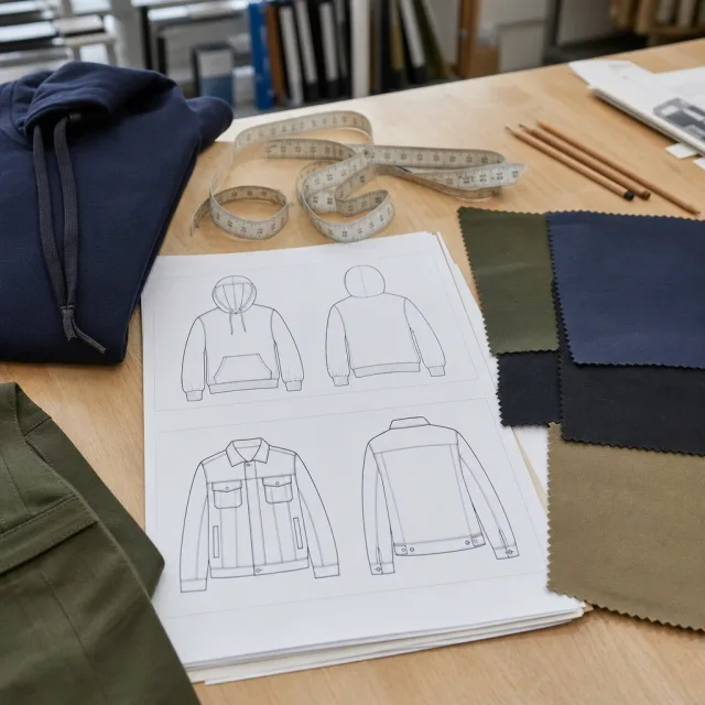 Tech pack sketches and fabric swatches on a briefing table