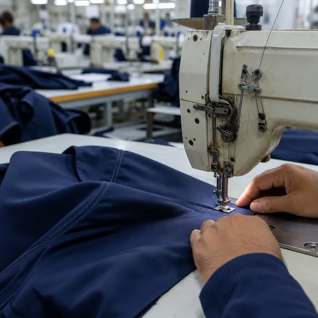 Industrial sewing machine stitching a garment in bulk production
