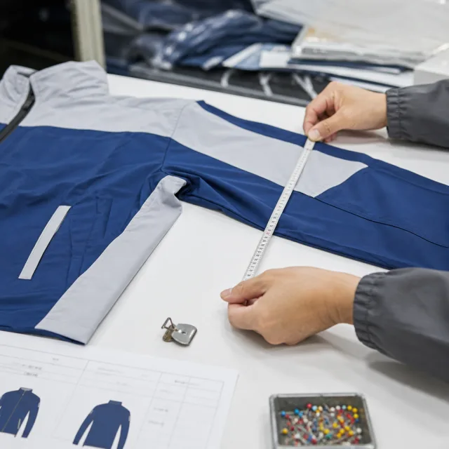 Sample garment being measured for fit and construction approval
