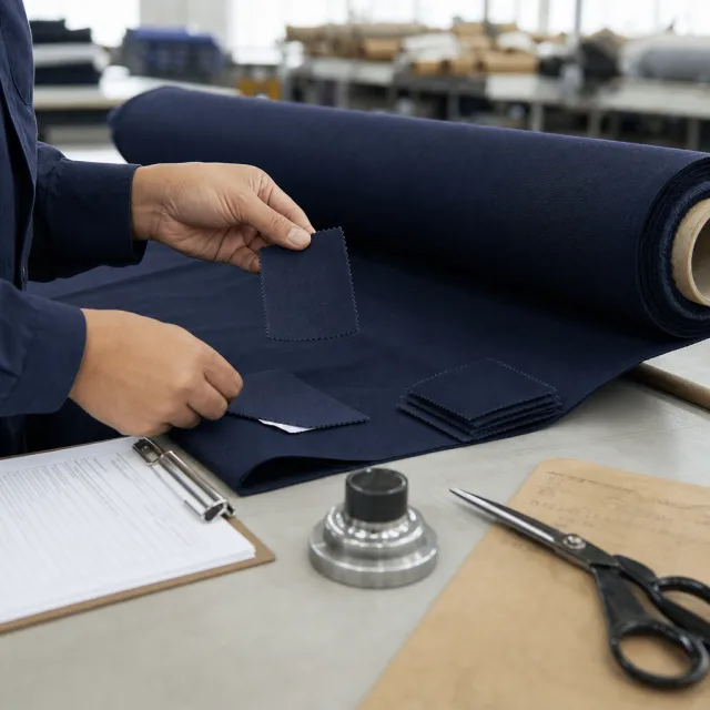 Incoming fabric roll checked against approved swatches