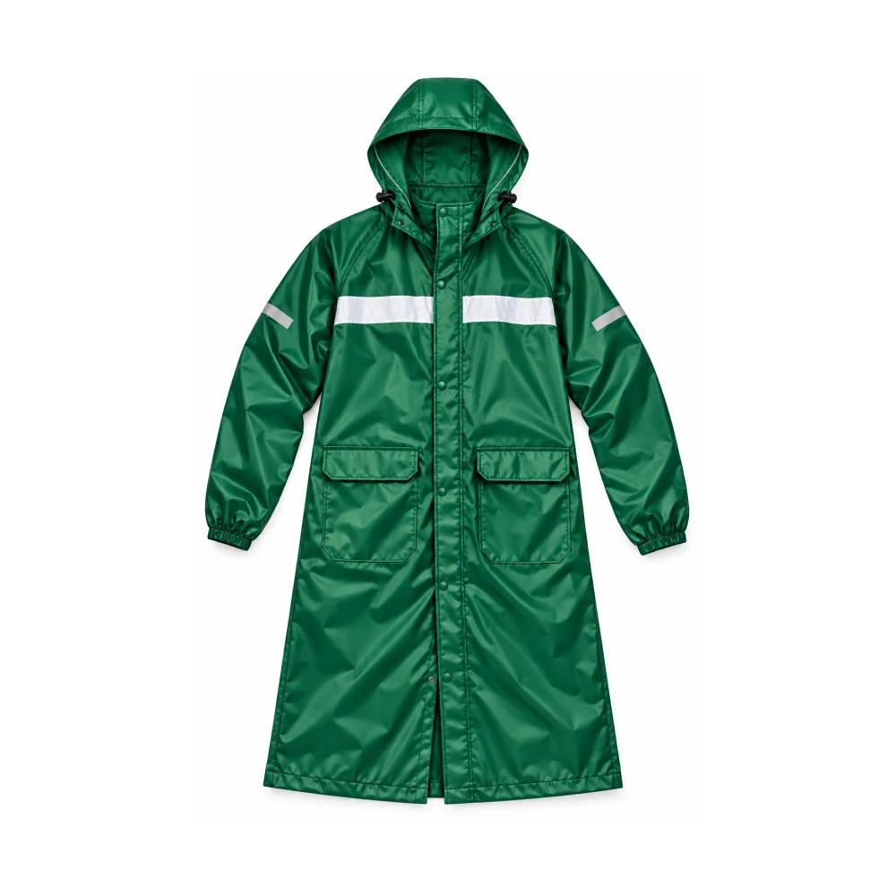 Waterproof Longline Hooded Raincoat in green with reflective stripes