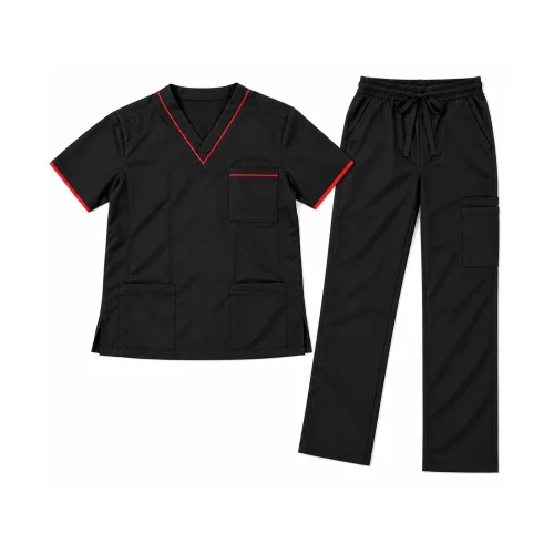 Black Medical Scrub Suit with Red Accents - OEM Workwear Manufacturer